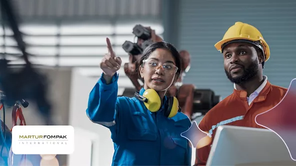 Profissional com uniforme e equipamento de construção orienta homem com capacete de segurança